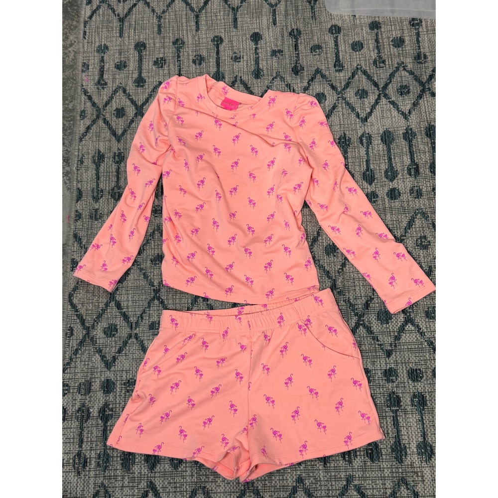 Lilly Pulitzer Girls XL 12-14 Pajama Set Flamingo Print Pink Long Sleeve Shorts